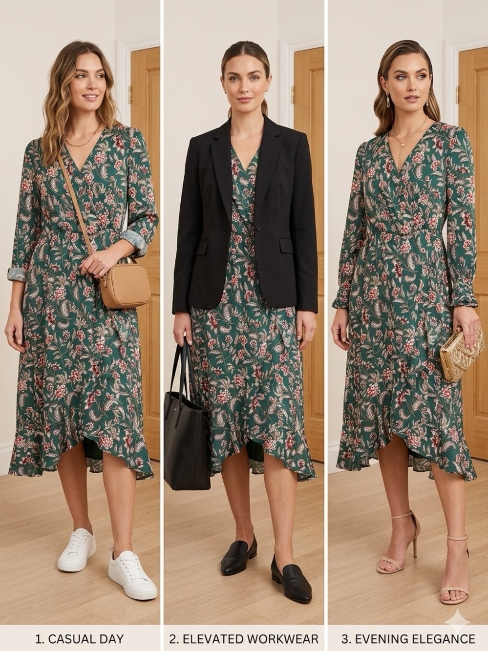 Wonderly Petite XL Long Sleeve Faux Wrap Printed Dress in Green Paisley Bloom